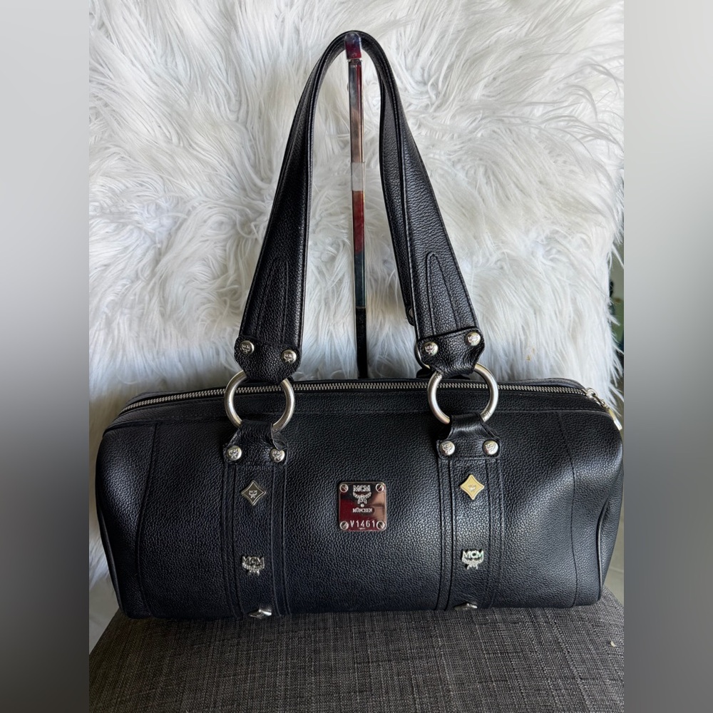 MCM Black Leather Barrel Tote with Logo Plaque